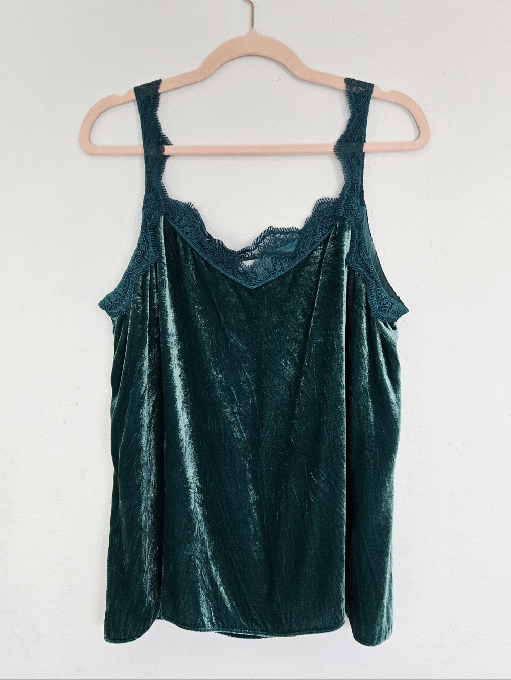 Sundance Lace-Trim Crushed Velvet Camisole Tank Top - Deep Teal Large